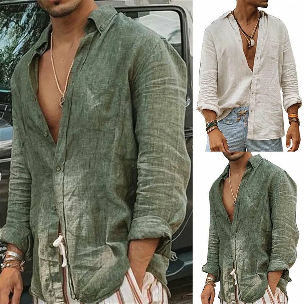 2023 Men's Cotton Linen Standing Collar Shirt