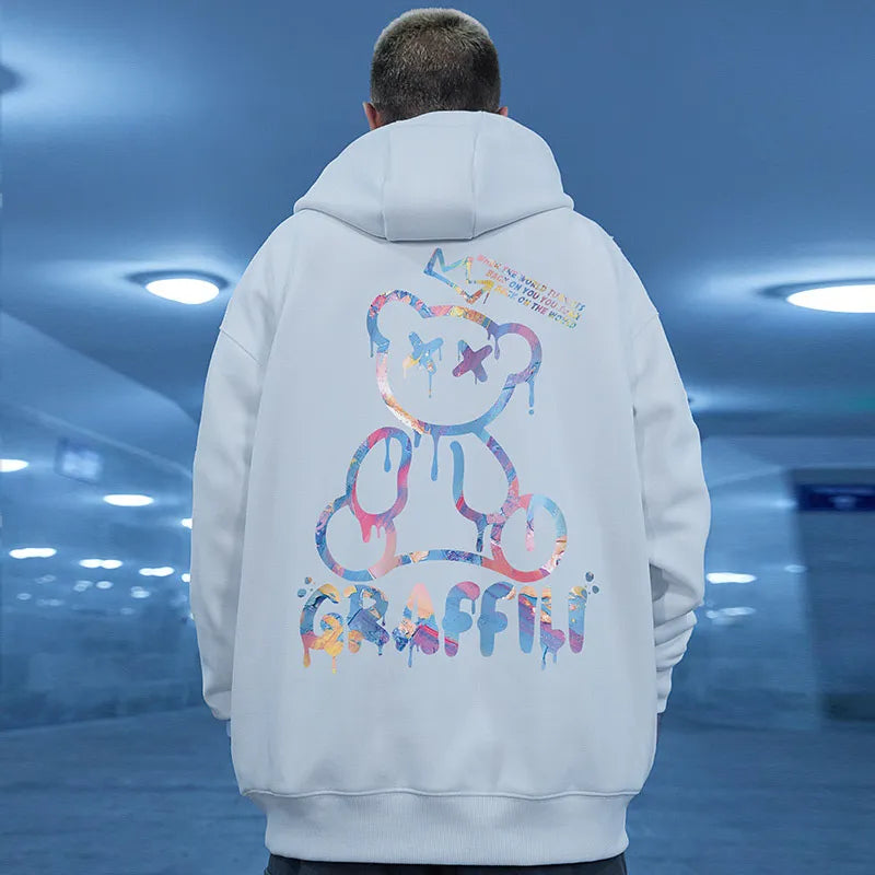 "Graffiti Bear Fleece Hoodie: Retro Street Style