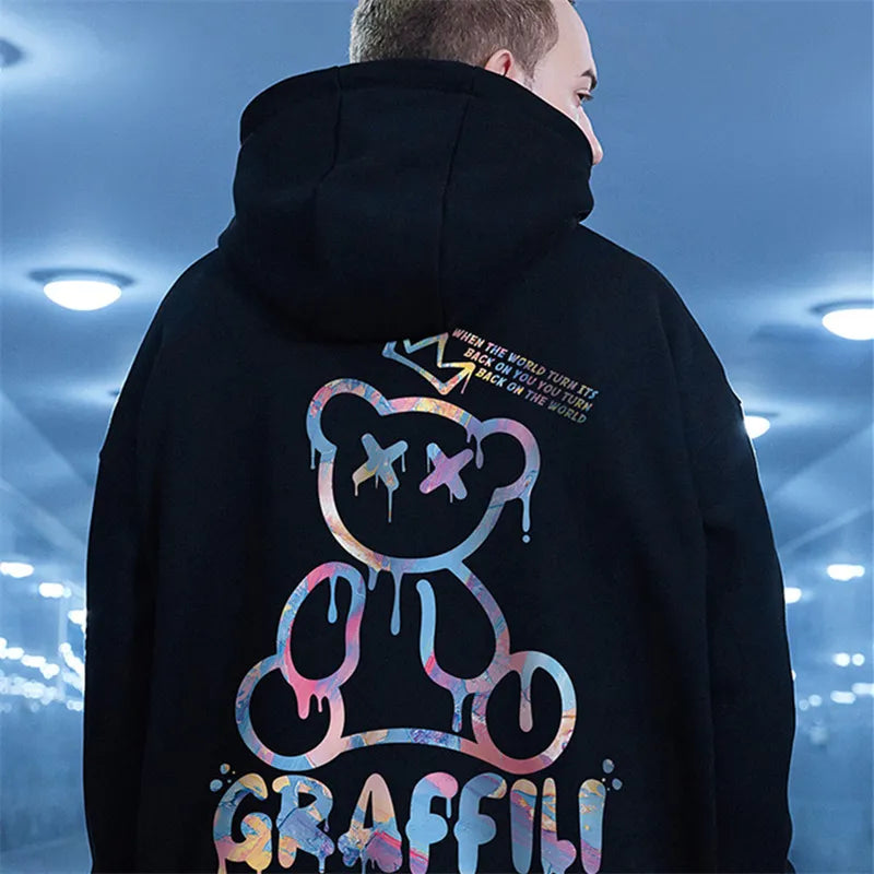 "Graffiti Bear Fleece Hoodie: Retro Street Style