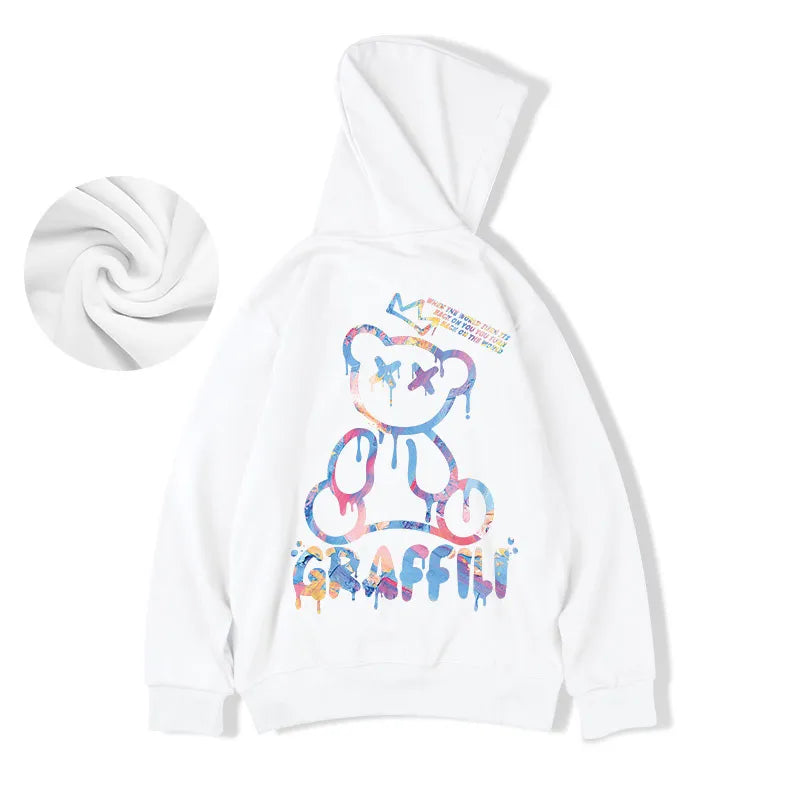 "Graffiti Bear Fleece Hoodie: Retro Street Style