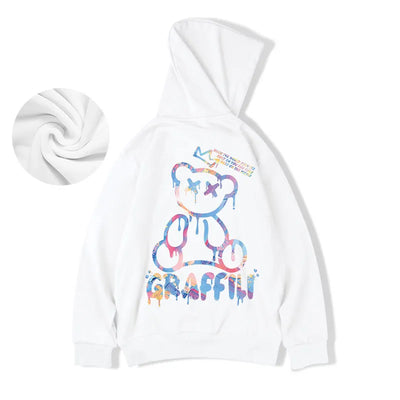 "Graffiti Bear Fleece Hoodie: Retro Street Style