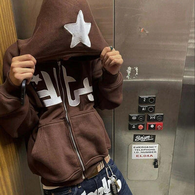 Women Star Letter Print Hoodies Y2K Autumn Retro Long Sleeve Oversized Sweatshirts Male Harajuku Hip-hop Zipper Hooded Jackets