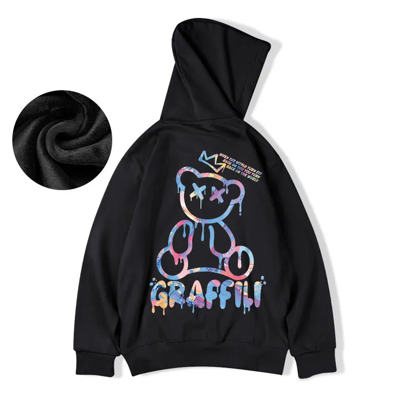 "Graffiti Bear Fleece Hoodie: Retro Street Style