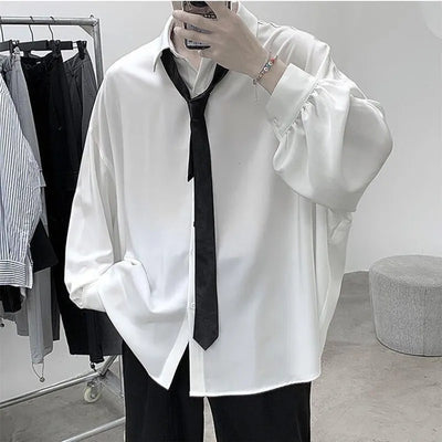 Korean Men's Comfortable Black Long-sleeved Shirt with Tie