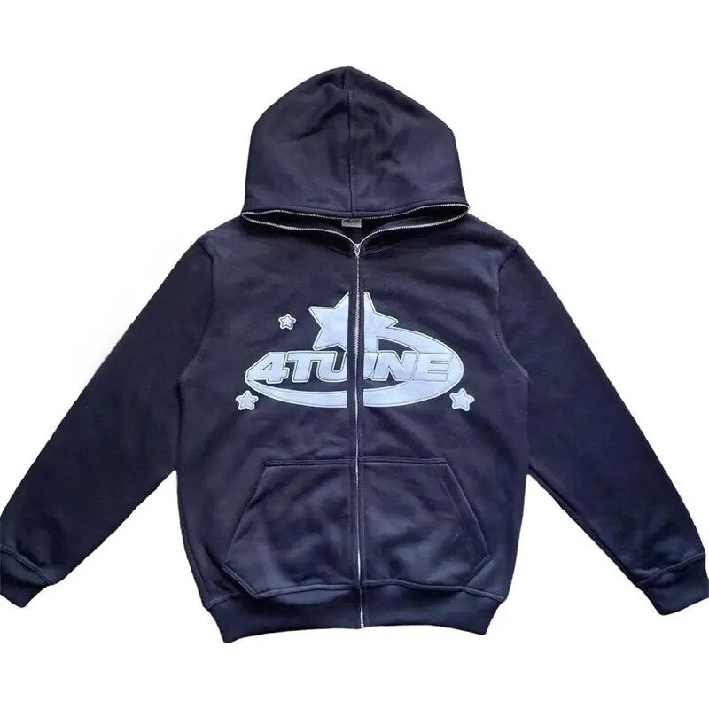 Retro Star Letter Hoodie: Hip Hop Zip-Up Streetwear