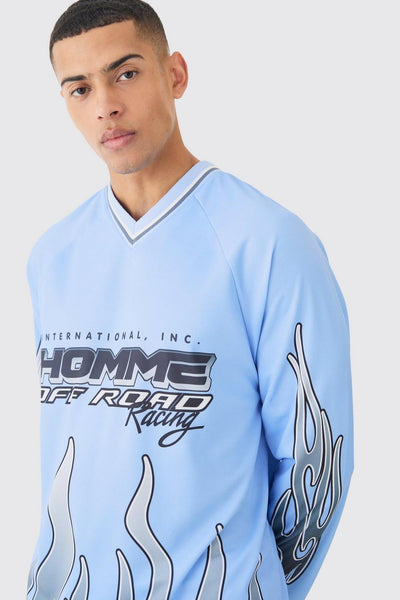 HOMME FLAME V NECK MESH LONG SLEEVE T-SHIRT