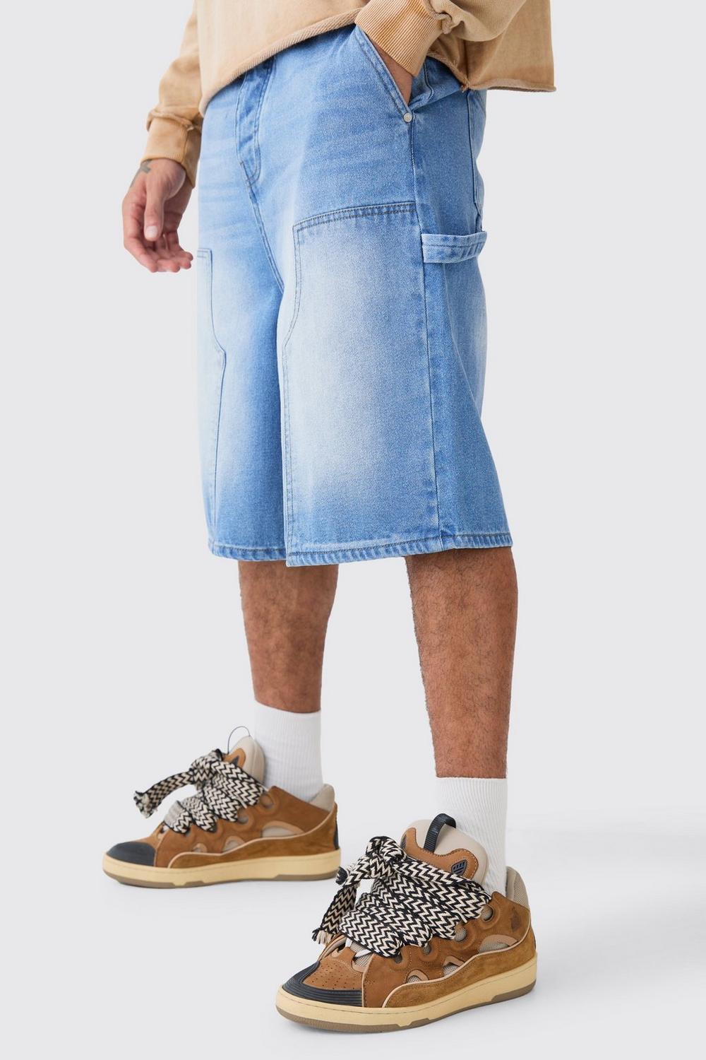 CARPENTER DETAIL DENIM JORTS IN LIGHT BLUE