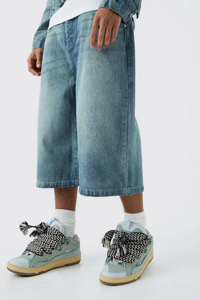 LONG LINE DENIM JORTS IN ANTIQUE BLUE WASH