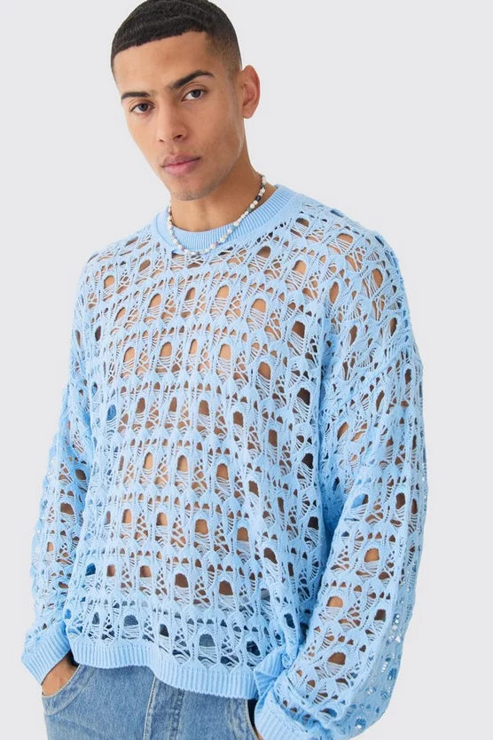 OVERSIZED BOXY DROP SHOULDER OPEN KNIT JUMPER IN BLUE