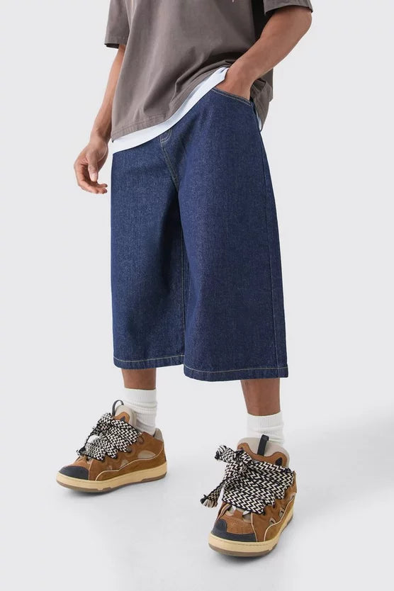 LONG LINE DENIM JORTS IN INDIGO