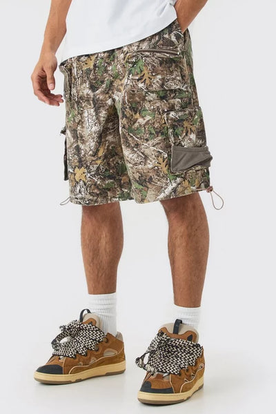 FOREST CAMO ELASTIC WAIST PARACHUTE CARGO SHORTS