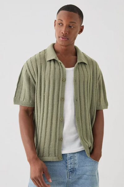 OVERSIZED BOXY OPEN LADDER STITCH KNITTED SHIRT IN KHAKI