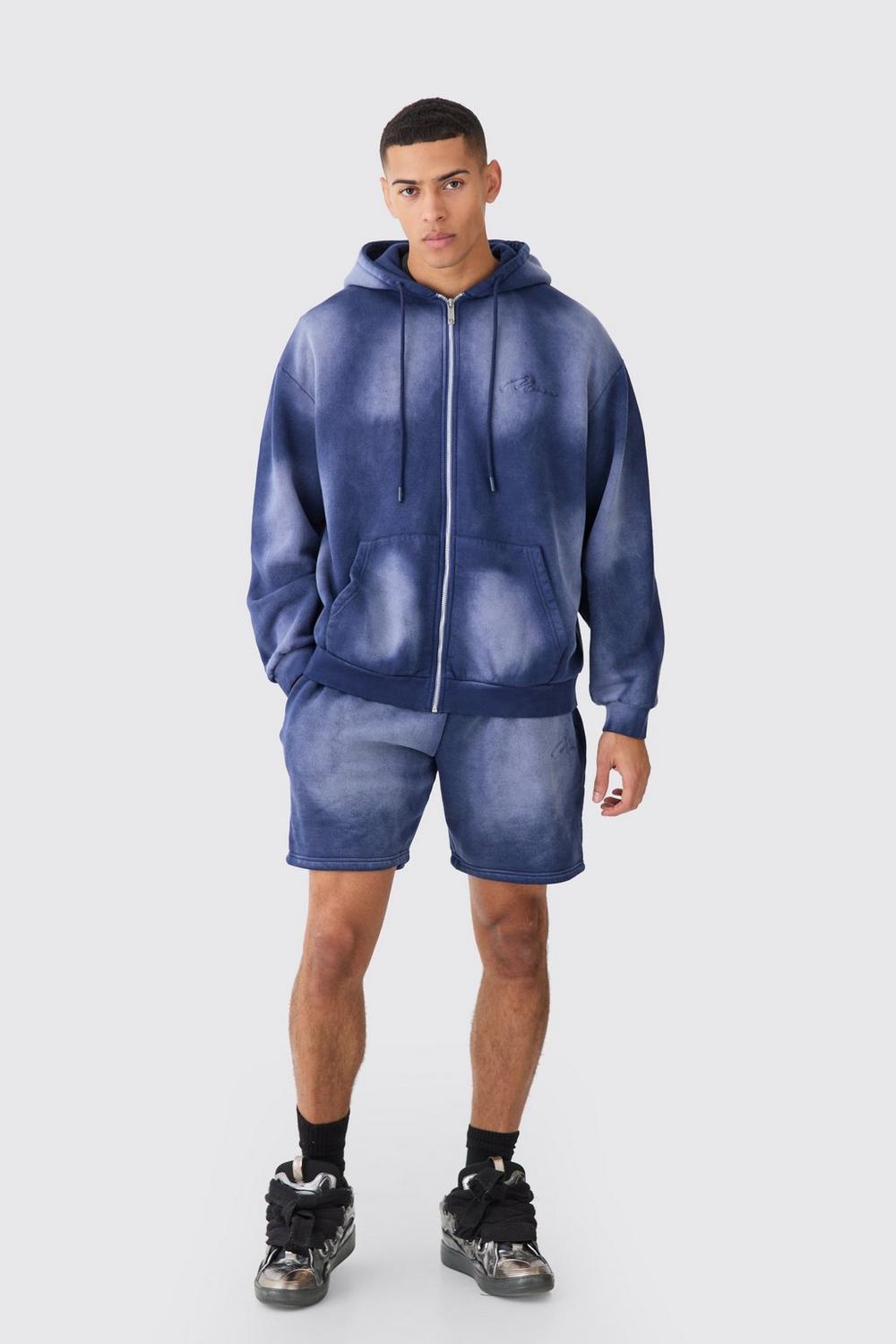 MAN OVERSIZED SUN BLEACH ZIP THROUGH HOODED SHORT TRACKSUIT