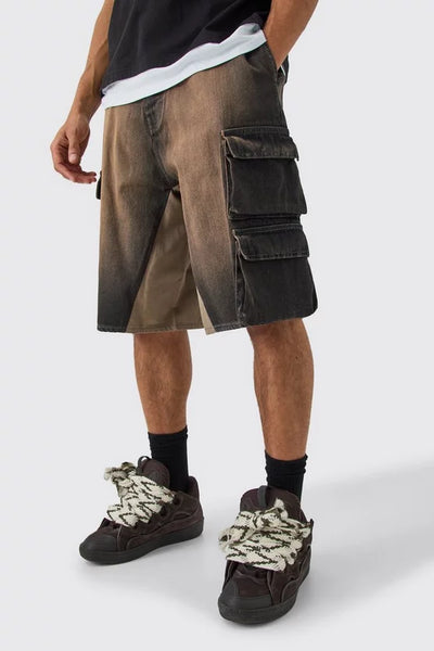 MULTI CARGO POCKET GUSSET DETAIL DENIM PARACHUTE SHORTS