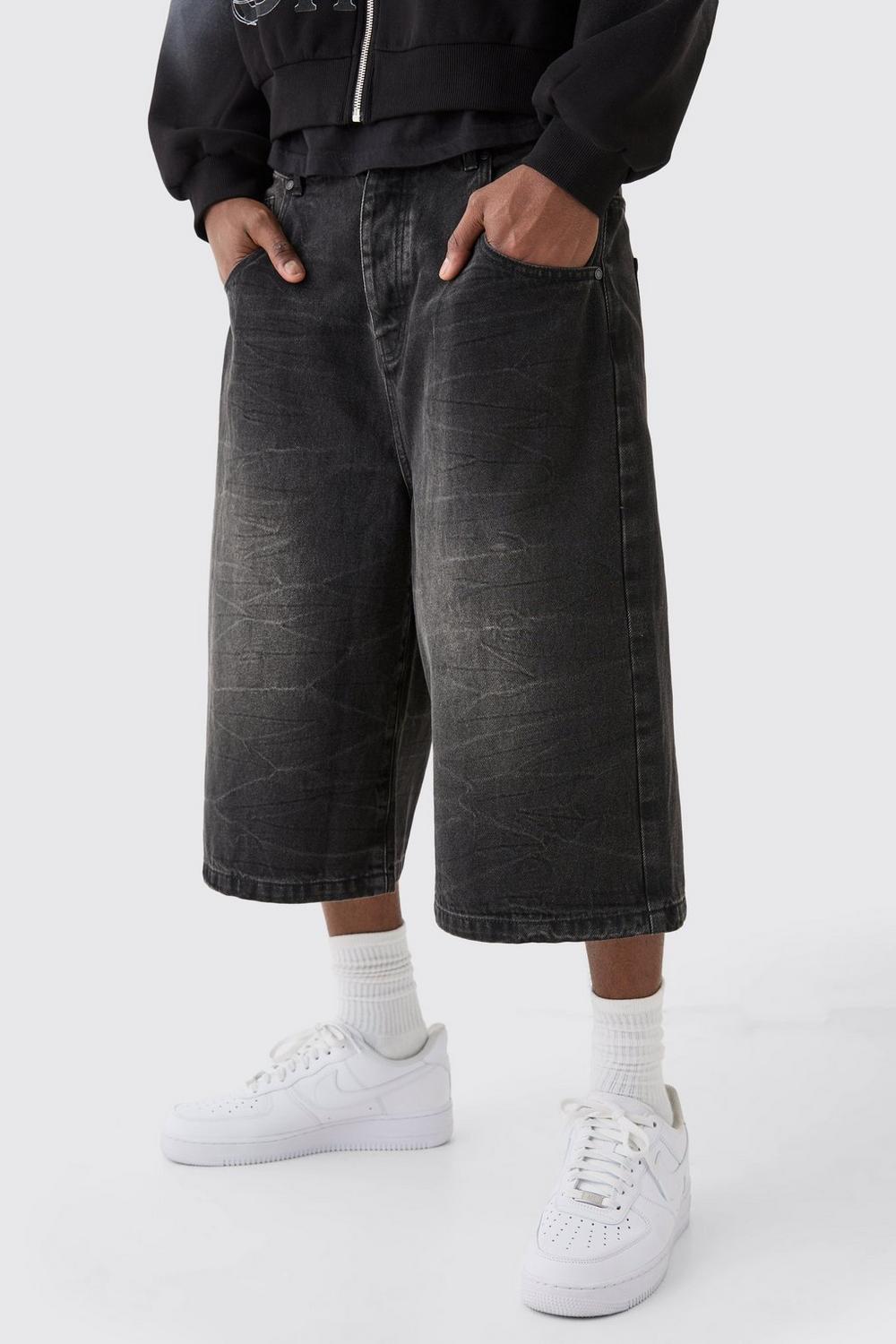 LONG LINE DENIM JORTS IN WASHED BLACK