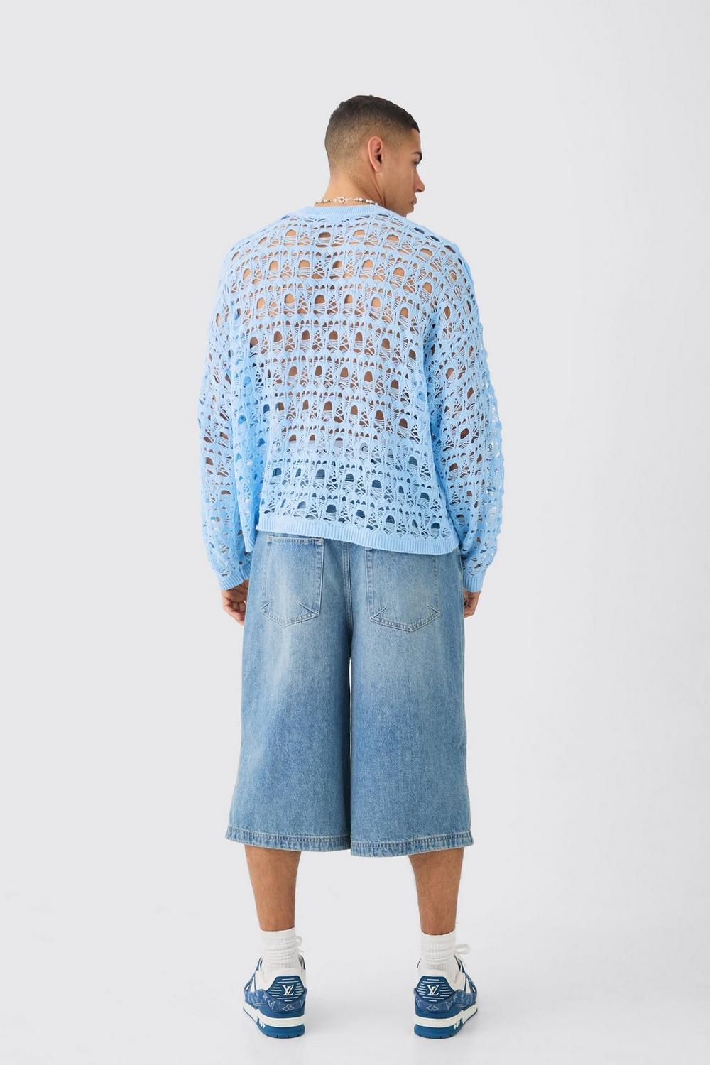 OVERSIZED BOXY DROP SHOULDER OPEN KNIT JUMPER IN BLUE