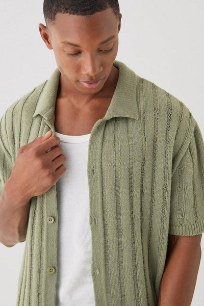 OVERSIZED BOXY OPEN LADDER STITCH KNITTED SHIRT IN KHAKI