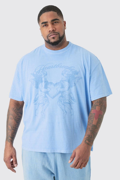 PLUS OVERSIZED HEART BREAKER PRINTED T-SHIRT IN LIGHT BLUE